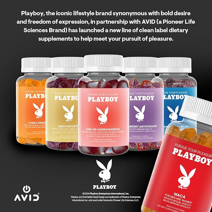 Playboy - Maca Root Gummies for Women and Men (60 Count - Peach Flavored) - Boost Sexual Vitality, Libido, Fertility - Supplement - 100% Natural, Vegan Non GMO - 4:1 Extract Maca Peruana