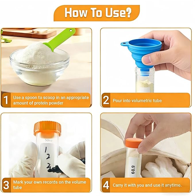 Protein Powder Travel Container Set,Reusable Powder Supplement Container To Go, 4x50ml & 4x100ml Tubes With Large Zip Bags, Portable Supplement Storage Containers with Funnel, Spoon，for Fitness, Work