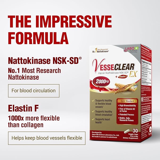 LABO Nutrition VesseCLEAR EX: Artery Cleanse & Elasticity Support Supplement | Blood Pressure, Circulation, Clean Arteries Heart Health Formula | Nattokinase NSK-SD + Elastin F | DR Capsules [3 Pack]