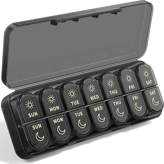 Weekly Pill Organizer 7 Day AM PM - Travel Pill Box 2 Times a Day with One-Hand Easy-Open Lid, 14 Compartments Portable Medicine Case for Daily Vitamins, Fish Oil, Pills and Supplements