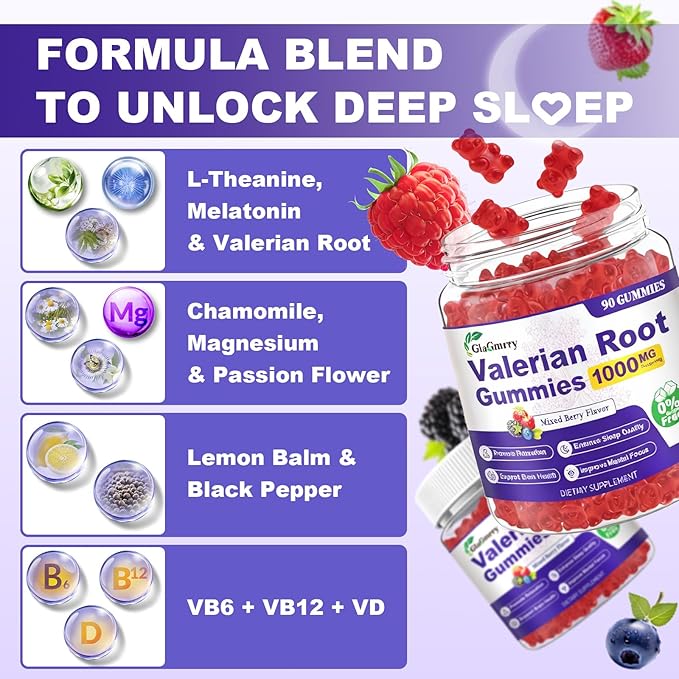 180 Count | Valerian Root Gummies with Melatonin & L-Theanine, Natural Valerian Root Extract Supplements for Deep Zzz, Relaxation & Calming, Mixed Berry Flavor, Sugar Free, Non-GMO