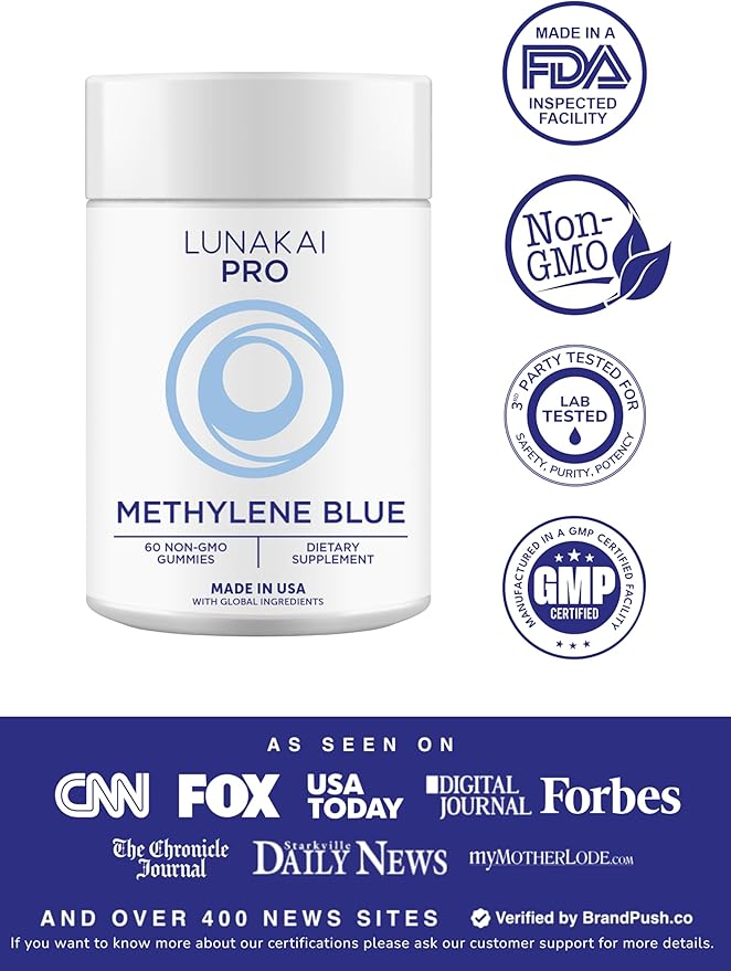 Lunakai PRO USA Made Methylene Blue Gummies 20mg with CoQ10 & Vitamin C – USP & Pharmaceutical Grade Daily Nootropic for Brain Focus, Cognitive Support & Energy, Non-GMO, 60ct