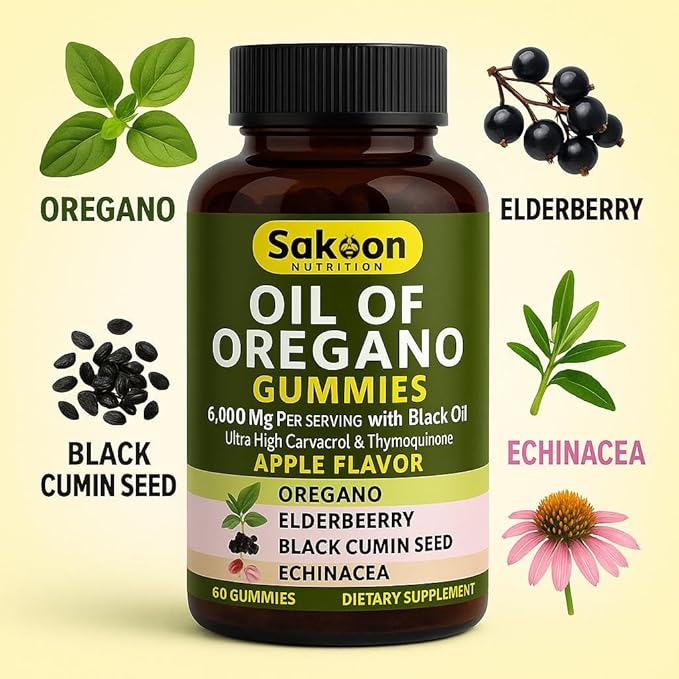 Sakoon nutrition Oil of Oregano Gummies – Immune Support with Oregano Oil 300mg, Black Cumin Seed, Elderberry, Echinacea – Antioxidants & Respiratory Health – Vegan, Non-GMO, Tasty Herbal Supplement