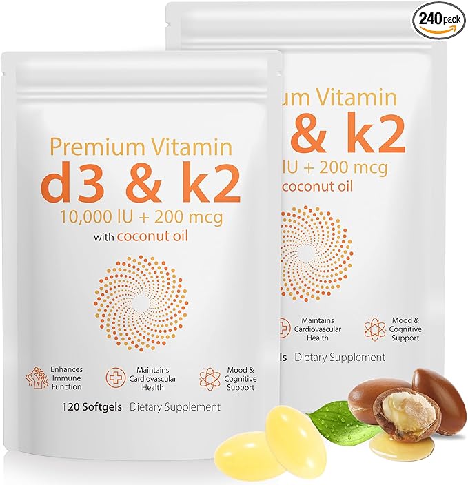 D3 K2 Vitamin 10000 IU - 240 Virgin Coconut Oil Softgels, 2 in 1 Vitamin D & K Complex Supplement Softgel - Immune Support and Calcium Absorption, Bone and Heart Health (240 Count (Pack of 2))