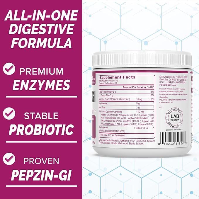 PEScience Complete-GI Gut Health Powder, Probiotics for Women and Men, Digestive Enzymes, Prebiotic Fiber, L-Glutamine, Pepzin GI Zinc Carnosine - Unflavored, 30 Servings