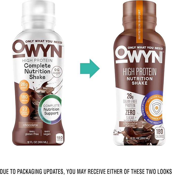 OWYN Only What You Need High Protein Shake, Chocolate and Vanilla Flavored, 26g Protein, 0g Sugar, 3g Fiber, Dairy Free, Plant Based Protein Drink, 12 Count