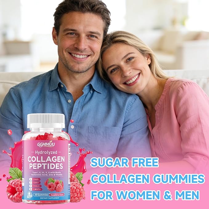 2 Pack Collagen Peptide Gummies for Women & Men, Collagen Protein Type I,II,III,V,X with Biotin Vitamin C, D, Hydrolyzed Collagen Supplement for Skin, Hair, Nails, Raspberry Flavor, 120 Count