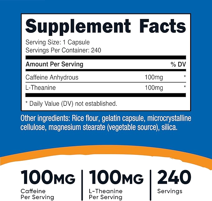 Nutricost Caffeine with L-Theanine, 100mg of Each, 240 Capsules, 240 Servings - Non-GMO and Gluten Free
