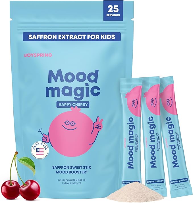 JoySpring Saffron for Kids – Mood Magic Pixie Sticks with Magnesium Citrate & Vitamin D3 – Herbal Saffron Extract Drink Mix, Sugar Free Cherry Lime Powder | 4+ Years | 25 Servings