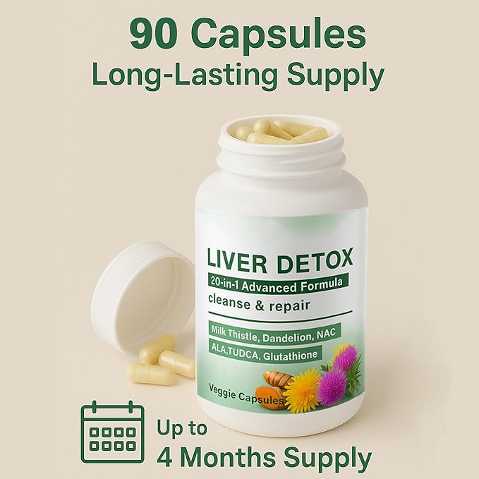 Liver Detox Capsules - 20-in-1 Herbal Formula with Milk Thistle, Dandelion, Turmeric & Artichoke Leaf for Liver Support and Digestive Balance – Non-GMO, Gluten-Free (1)