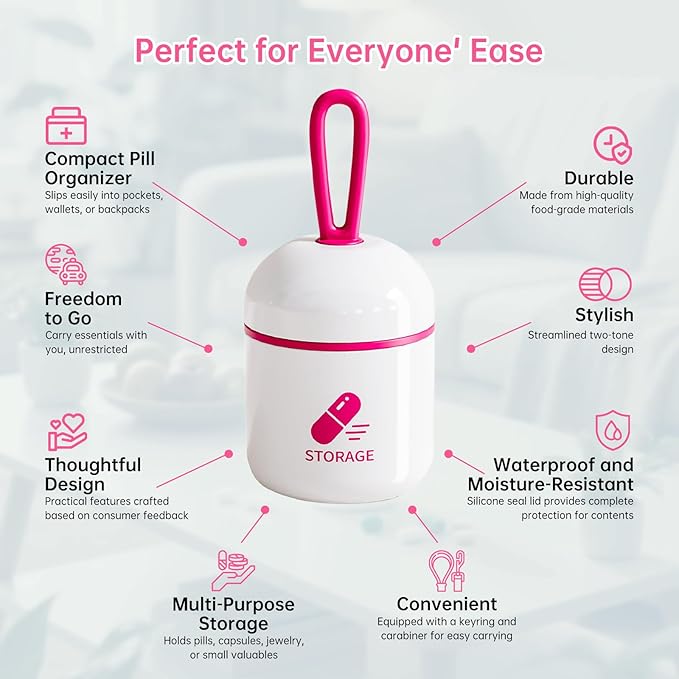 Keychain Pill Holder, Small Pill Box Case Container Organizer for Purse, Pink Pill Organizer, Silicone Seal Moisture Proof Mini Pill Bottle for Outdoor Camping Travel Jewelry（Pink）