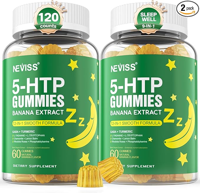 5-HTP 400MG Gummies + GABA - Melatonin Free - Relaxation Gummies with Banana Extract, L-Theanine, Turmeric, L-Tryptophan, D3 for Healthy Rest Cycle, Circadian Rhythm, Brain & Muscle Relax, Pack of 2