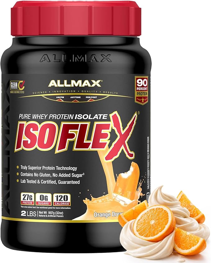 ALLMAX ISOFLEX Pure Whey Isolate Protein Powder - Gluten Free, Low Lactose, Sugar-Free - High-Protein, Clean, Keto-Friendly for Pre Post Workout Supplement for Women and Men | Orange Dreamsicle, 2lb