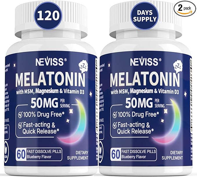 NEVISS Melatonin 50 mg for Adults - Extra Strength 9-in-1 Fast Dissolve Sublingual - High Dose with Magnesium Glycinate, Vitamin D3, Ashwagandha, Lemon Balm, Chamomile, Sugar Free,Vegan 120 Tablets