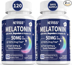 NEVISS Melatonin 50 mg for Adults - Extra Strength 9-in-1 Fast Dissolve Sublingual - High Dose with Magnesium Glycinate, Vitamin D3, Ashwagandha, Lemon Balm, Chamomile, Sugar Free,Vegan 120 Tablets