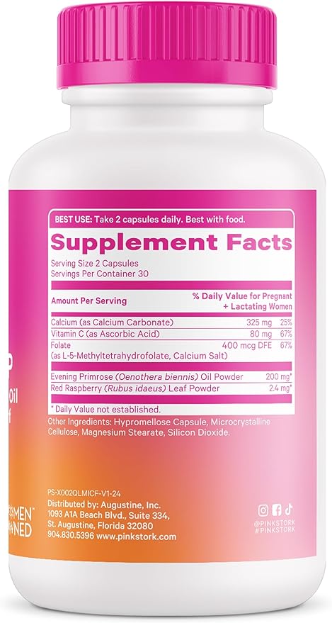 Pink Stork Labor Prep Supplement – Evening Primrose Oil & Red Raspberry Leaf for Third Trimester, Gentle Labor & Postpartum Support, Pregnancy & Breastfeeding Safe, 60 Vegan Capsules