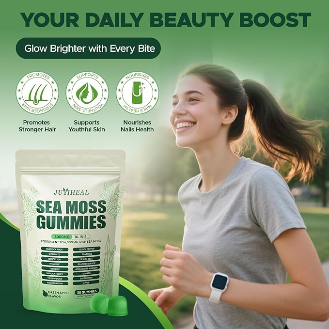 16 in 1 Sea Moss Gummies with Ashwagandha Black Seed Oil Bladder Wrack Turmeric Vitamin C & D3 with Manuka Burdock Root, Irish Sea Moss Gummies for Women & Men, Vegan Green Apple