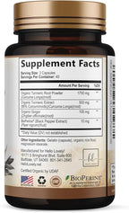 Turmeric Curcumin Supplement with 95% Curcuminoids, Organic Turmeric & Ginger 1750mg, BioPerine Black Pepper for Best Absorption, Nature's Vegan Joint Support, Non-GMO, Bottled in USA - 120 Capsules