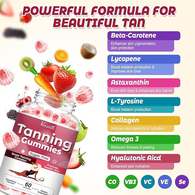 Tanning Gummies for Women, Supports Radiant Tan & Healthy Skin, Extra Strength with Astaxanthin Lycopene Beta Carotene and Vitamins - Supports Faster Tanning, Strawberry Flavored, 120 Count