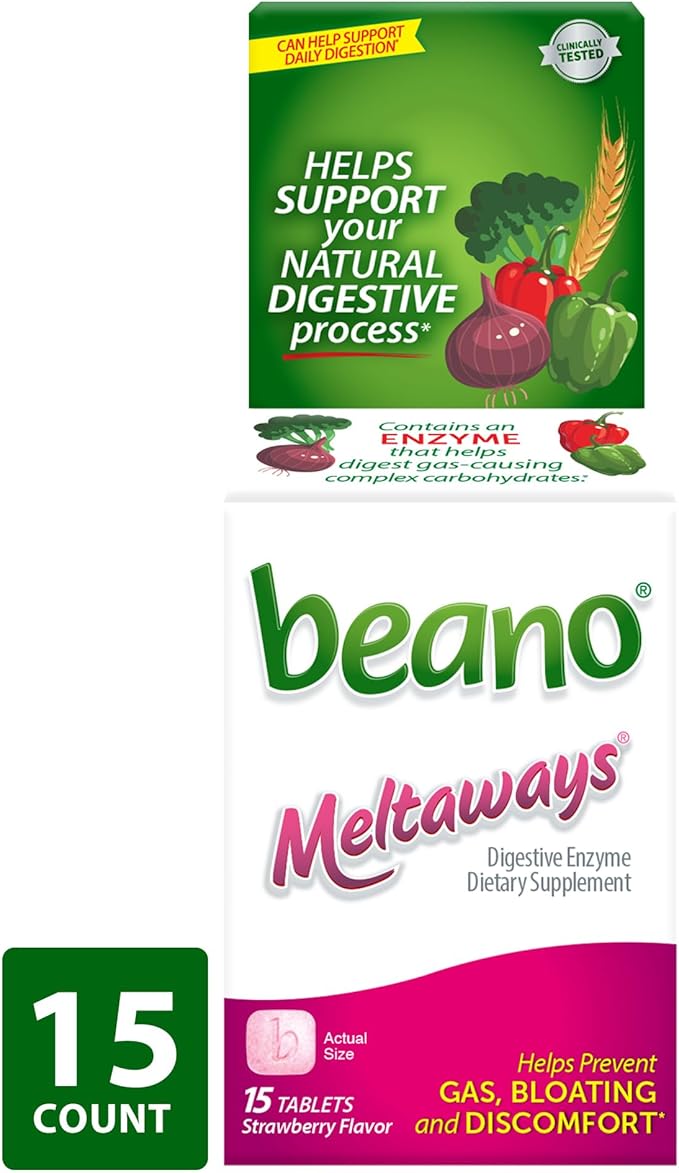 Beano Meltaways Digestive Enzyme Supplement - Strawberry Flavor, Dissolvable Supplement with Enzymes for Digestion, Gas Prevention & Bloating Relief, 15 Count