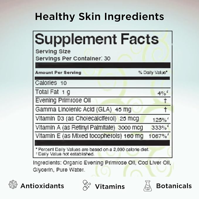Clear Skin Acne Vitamin Gel Capsules with Evening Primrose Oil, Vitamin A, D (D3) & E | All Natural Complexion Supplement | 60 Count Softgel Capsules