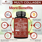 Wholesome Wellness Super-Absorb Multi Collagen Pills (Type I II III V X) Organic Herbs & Bioperine - Hair, Skin, Nails - Hydrolyzed Peptides Protein Supplement for Women & Men (90 Capsules)