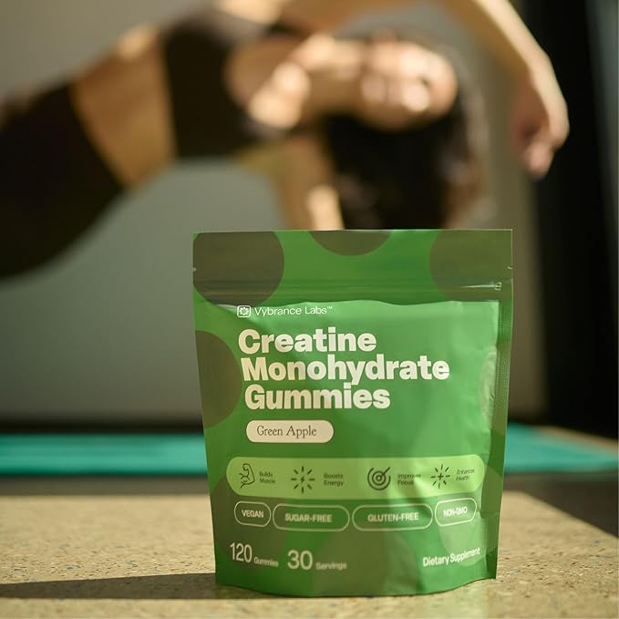 VYBRANCE LABS Creatine Gummies for Women & Men — First & Only 5g Creatine + Taurine + Vitamin B12 | Vegan Creatine Gummies | Sugar-Free | Sour Green Apple