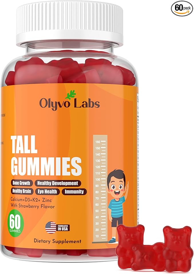 Tall Gummies for Kids Age 2+ & Teens- Tall Gummies with Calcium, Vitamin D3 + K2, Zinc, Magnesium, L-Arginine, Vitamin C for Teen Boys & Girls- Strawberry Flavour 60 Gummies