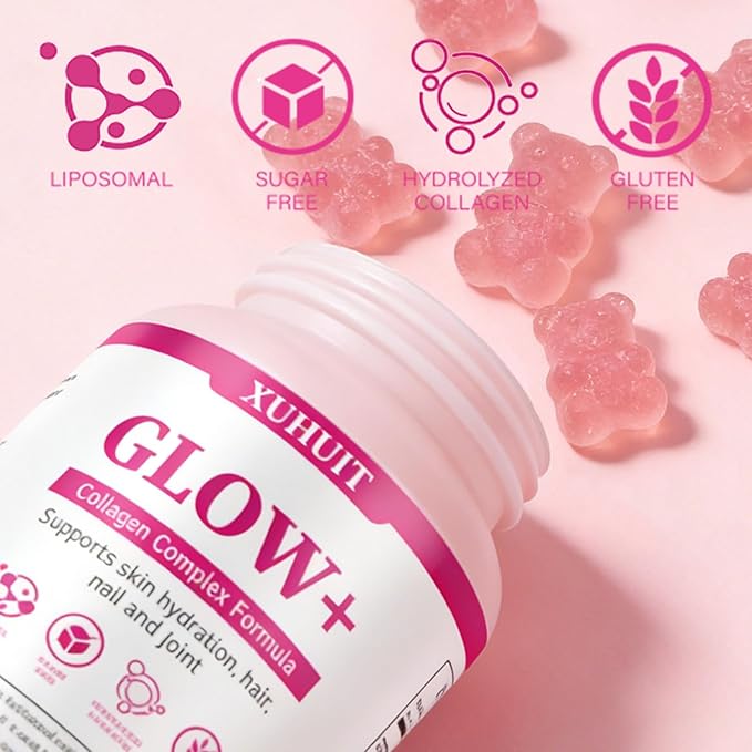 Glow Collagen Gummies with Hyaluronic Acid & Resveratrol | Gentle Support for Skin, Hair & Nail Care | Non-GMO | 90 Count (1)
