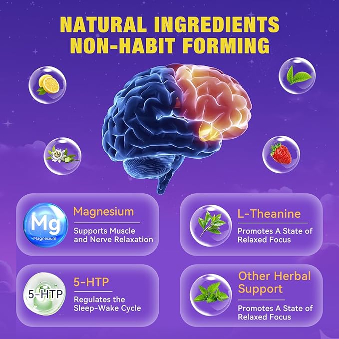 Melatonin Free Sleep Gummies for Adults with Magnesium, Valerian Root, 5-HTP & Herbal Blend - Natural Sleep Aid Supplements - Non-Habit Forming, Sugar Free, Strawberry Flavor, 60 Count (1)
