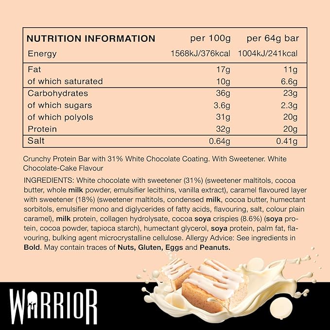 Warrior Crunch High Protein Bars | 20g Protein, Low Carb, Low Sugar, Keto Friendly | Delicious, Chewy, Crispy On The Go Snack | Box of 12 Bars (White Chocolate Blondie)