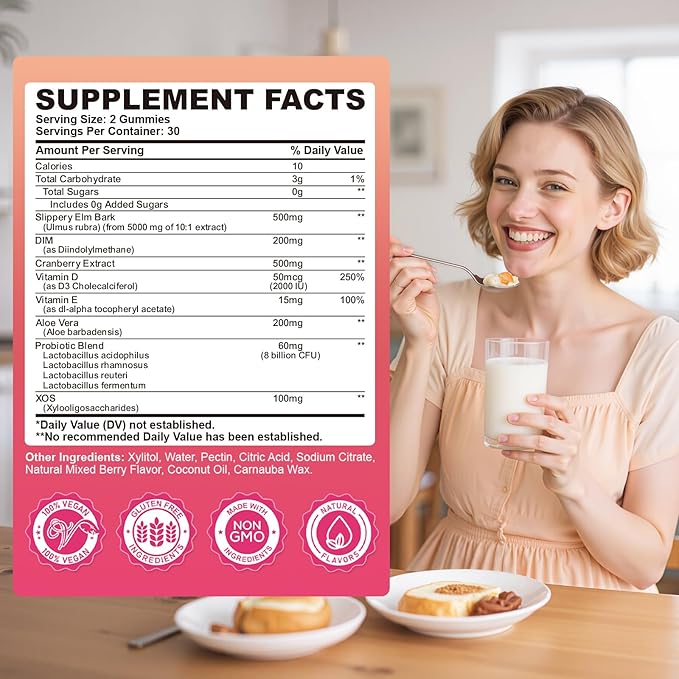 Feminine Probiotic Slippery Elm Gummies with Dim, Cranberry, Aloe Vera, Vitamin D3 & E for Women pH Balance, Gut Health & Immune System, Promote Vaginal Health for Women, Mixed Berry Flavor 60 Counts