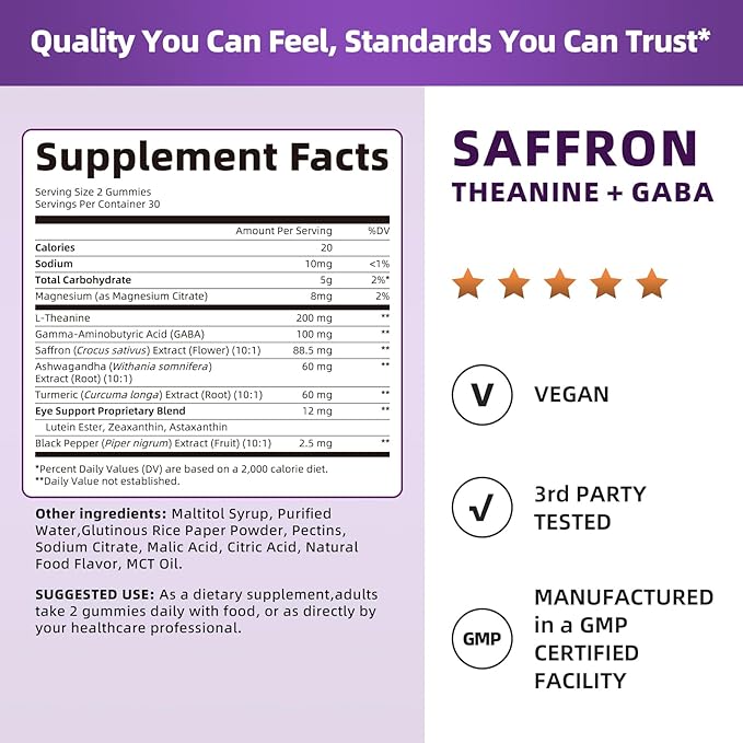 Lukaree 10-in-1 Saffron Gummies Supplements for Mood, Focus & Eye Support with L-Theanine 200mg, GABA, Ashwagandha, Lutein, Zeaxanthin & Astaxanthin, Sugar Free, Vegan, Berry Flavor, 2 Pack 120 Count