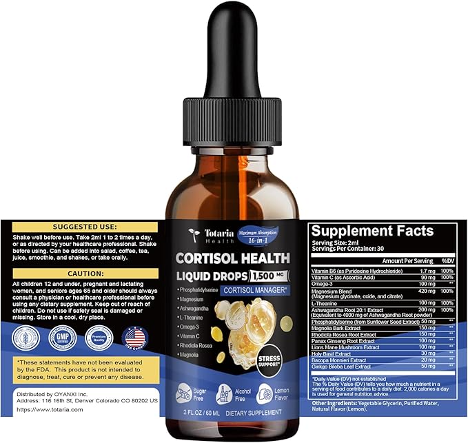 Totaria (Pack of 2 cortisol Supplement Liquid Drops Hormone Balance for Women Men with Magnesium Complex,Ashwagandha,Rhodiola Rosea,L Theanine Supplements Mood, Focus, Sleep 4 FL.OZ