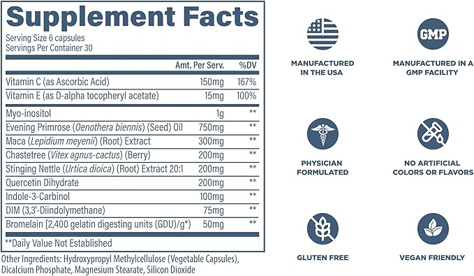 Revive MD Hormone Balance for Women – Hormone Support Supplement w/Myo-Inositol, Chaste Berry, DIM, Vitamins C & E, Evening Primrose Oil – Health & Hormonal Balance (180 Capsules, 30 Servings)