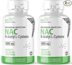 NAC Supplement N-Acetyl Cysteine (2 Pack) - Nutri NAC 600 mg - Anti Aging Supplement, Antioxidant, Liver, Lung Support, Boost Glutathione - N Acetyl Cysteine (60 Capsules) - Free Radical Protection