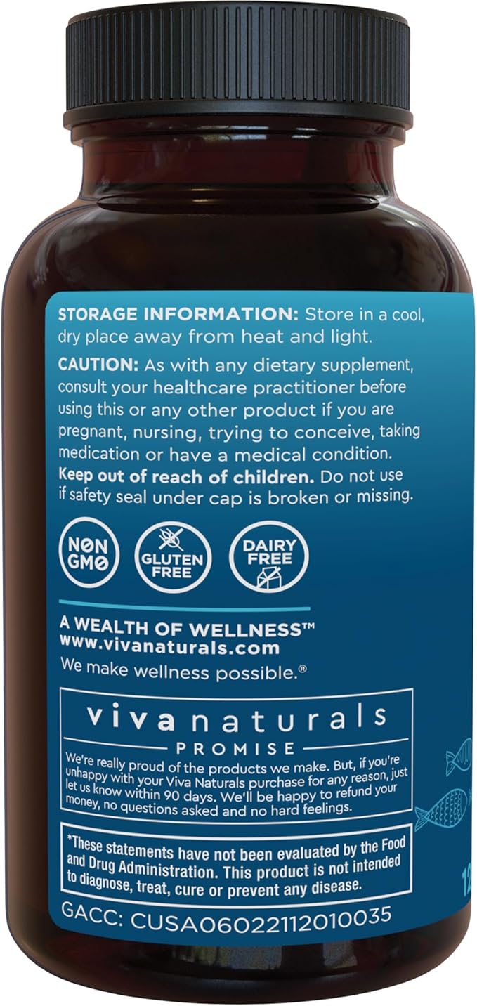 Viva Naturals Omega 3 Fish Oil Supplement for Women and Men - 2500 mg Triple Strength Fish Oil Pills with Re-Esterified Omega 3 Fatty Acids Including EPA, DHA DPA - 120 Pescatarian-Friendly Softgels
