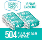 Nice 'N Clean Adult Flushable Wipes (12 x 42 Count) | Personal Cleansing Wipes Made from Plant-Based Fibers | Infused with Aloe & Vitamin E