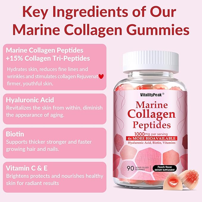 Marine Collagen Gummies for Women- Hydrolyzed Collagen Peptides 1000mg with Biotin,Vitamin C, E, Hyaluronic Acid- Collagen Supplement for Healthy Skin Hair Nails- Sugar Free, 90 Counts