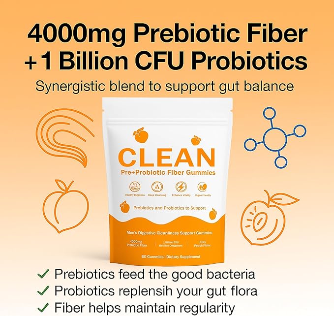 Clean Prebiotic Fiber Gummies for Men - Peach Flavor, Pre+Probiotic Fiber Gummies, Gut Balance, Digestive Support & Daily Clean Confidence, Cleaning Support Gummy 60Gummies