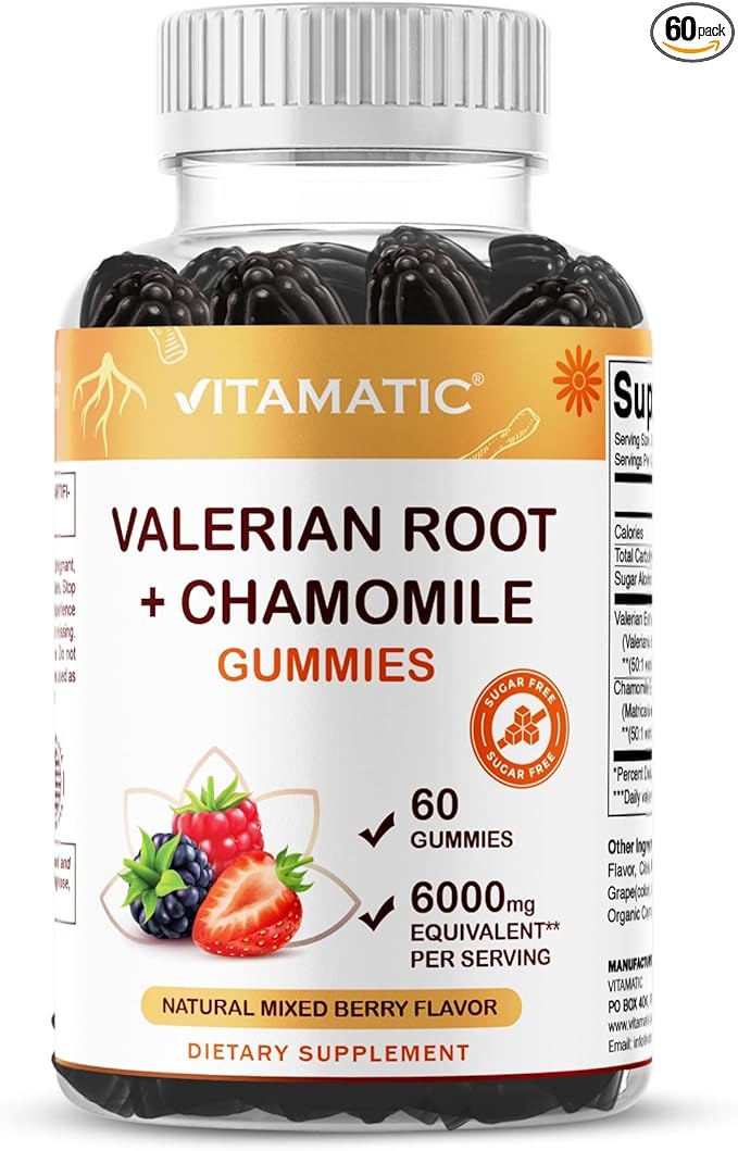 Vitamatic Valerian Root & Chamomile Gummies – Plant-Based Botanical Extract – Mixed Berry Flavor – Vegan, Non-GMO, Gluten-Free – Herbal Supplement – 60 Count