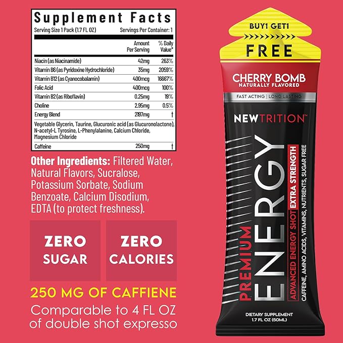 NewTrition® Extra Strength Energy Shots, 1.7 fl oz - 250mg Caffeine with Vitamin B & Amino Acids, Sugar-Free, Zero Calorie Vitamin Energy Drink for Focus & Endurance (Pack of 24, Cherry Bomb)