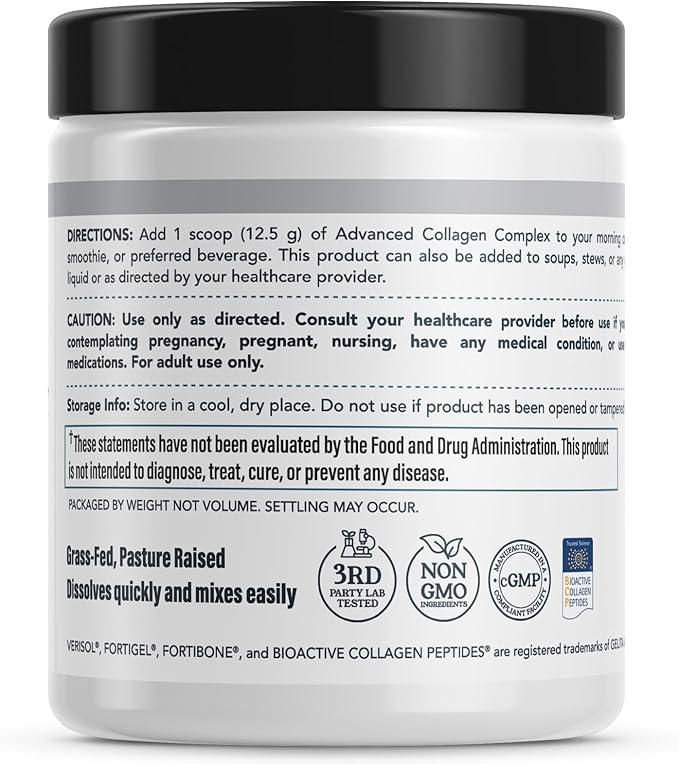 Advanced Collagen Complex Powder – VERISOL®, FORTIBONE®, & FORTIGEL® for Hair, Skin, Bone & Joint Support – Clinically Studied Ingredients – Grass-Fed Hydrolyzed Collagen Peptides – 30 Servings