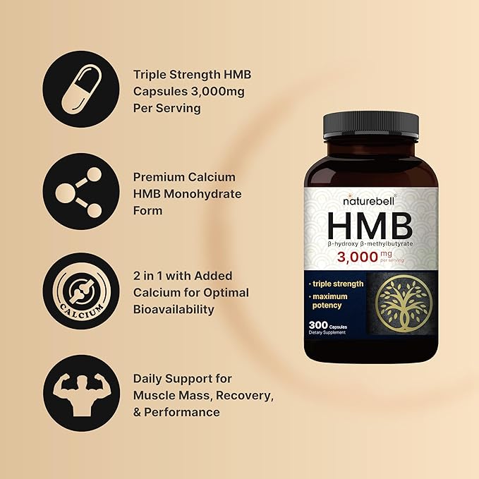 NatureBell HMB 3,000mg - 300 Capsules - Triple-Strength Supplement for Lean Muscle Mass Support - Aids Against Muscle Breakdown in Men & Women* - Non-GMO & Gluten-Free