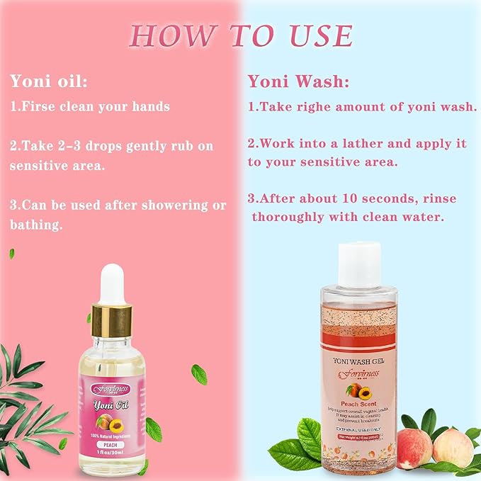 Natural Feminine Wash Yoni Oil Set, Body Cleanser with Cleaning Factor, Yoni Wash for Women pH Balance,1 fl.oz Peach Feminine Oil & 6.7 fl.oz Intimate Cleanser