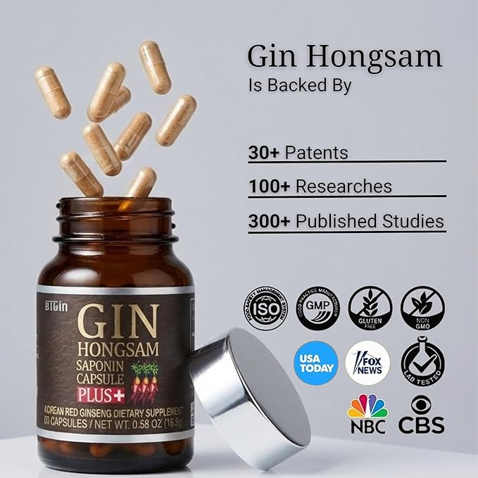 Gin Hongsam Saponin Capsule Plus Korean Red Panax Ginseng Extract - High Rg3 & Compound K Supplement - Caffeine Free Extra Strength Energy, Focus & Immune Support - 60 Capsules