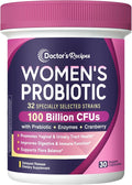 Doctor's Recipes Probiotics for Women, 100 Billion CFU 32 Strains, with Prebiotic, Enzymes & Cranberry, Shelf Stable, Delayed Release, 30 Caps