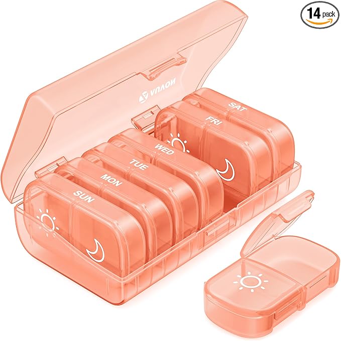 AUVON XL Weekly Pill Organizer 2 Times a Day, Pill Box 7 Day with One-Side Large Openings for Easy to Use, Watermelon Red AM PM Pill Case for Medication, Vitamins, Fish Oils, Supplements