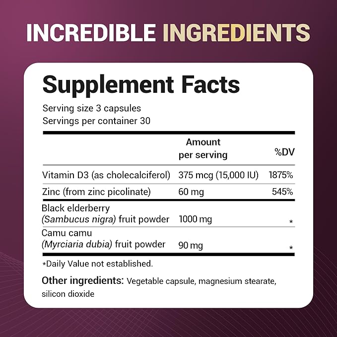 Dr. Berg Black Elderberry Capsules (Advanced Immune Support*) with 15,000 IU Vitamin D, 60 mg of Zinc, & 90 mg of Camu Camu - (4-in-1) Sambucus Elderberry Immune Support Supplement - 90 Capsules