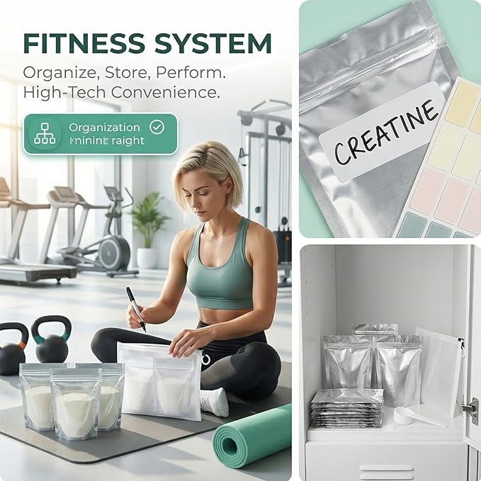 Protein Powder Travel Container Set, 50 Foil Single-Serve Pouches with Labels, Storage Pouch & 5g Spoon, Portable Supplement Containers for Gym Use